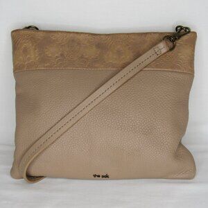 The Sak Beige Pebbled Leather Crossbody Bag Floral Embossed Trim